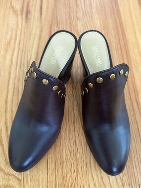 Michael Kors Dark Brown Leather Studded Slip-On Mules
